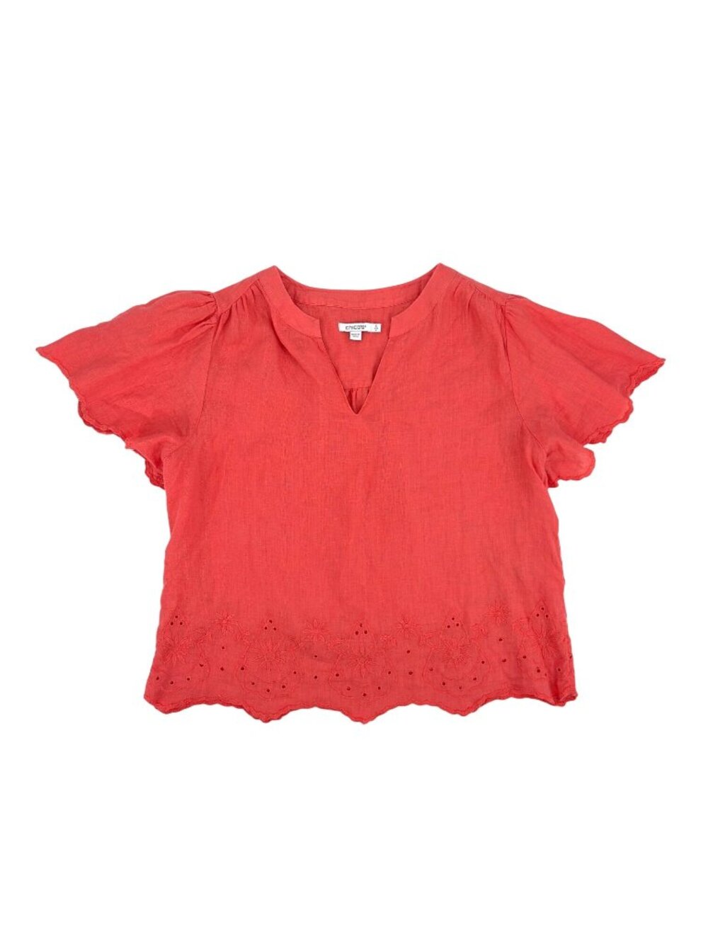 Chico's Linen Top Size 0 US 4 Coral Floral Eyelet Flutter Sleeves Scalloped